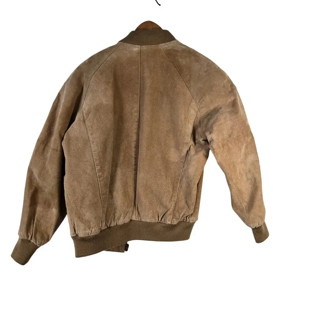 Vintage Grunge Revival Indie Sleaze Tan Suede 100% Leather Bomber Jacket Small